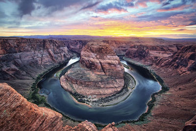 High angle view of rock formations at sunset