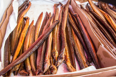 High angle view of fish for sale at market stall