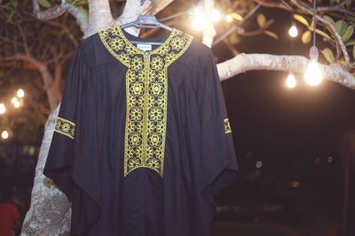 Close-up of clothing hanging on illuminated tree 