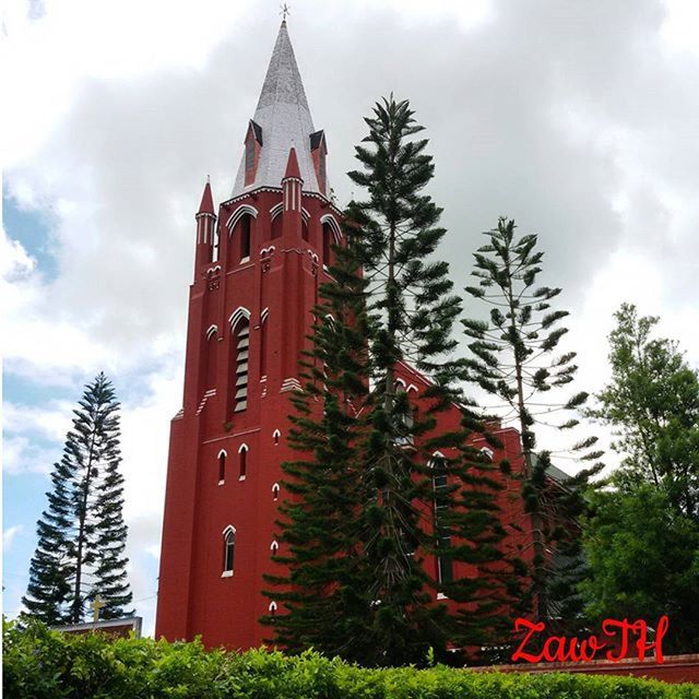 building exterior, architecture, built structure, tree, sky, low angle view, tower, religion, cloud - sky, church, spirituality, place of worship, cloudy, growth, cloud, tall - high, day, flag