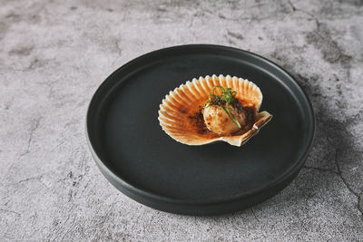 High angle view of food in plate on table