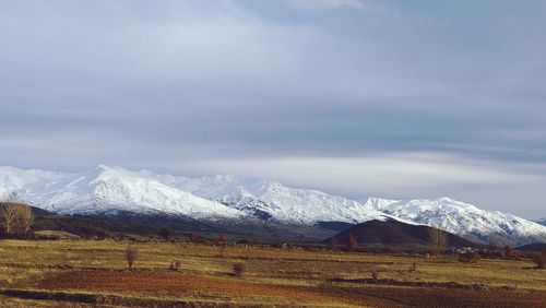 Scenic view of snowcapped mountains against sky