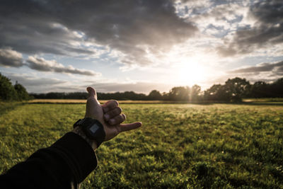 Cropped hand gesturing shaka sign over agricultural field against sky