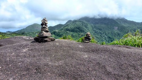 Rear view of man sitting on rock against sky