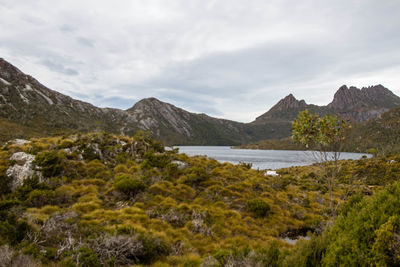 Scenic view of lake and mountains against sky