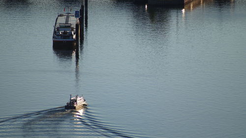 High angle view of boat sailing in river