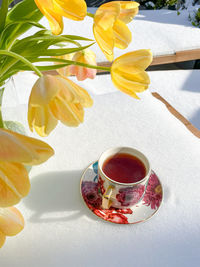 High angle view of tea served on table