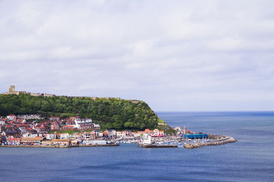 Scarborough castle with the old town and harbour below