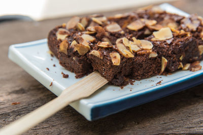 Close-up of brownie on table