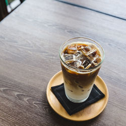 High angle view of ice tea on table