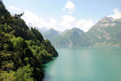 Scenic view of lake and mountains against sky