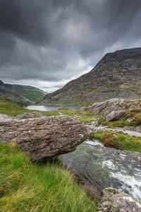 Scenic view of river by mountains against sky