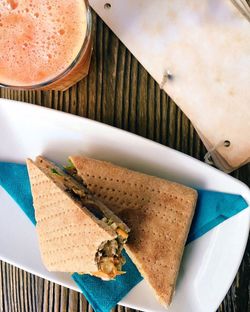 High angle view of breakfast on table