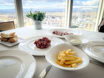 High angle view of breakfast on table