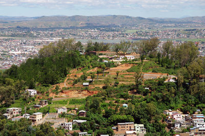 High angle view of houses in town