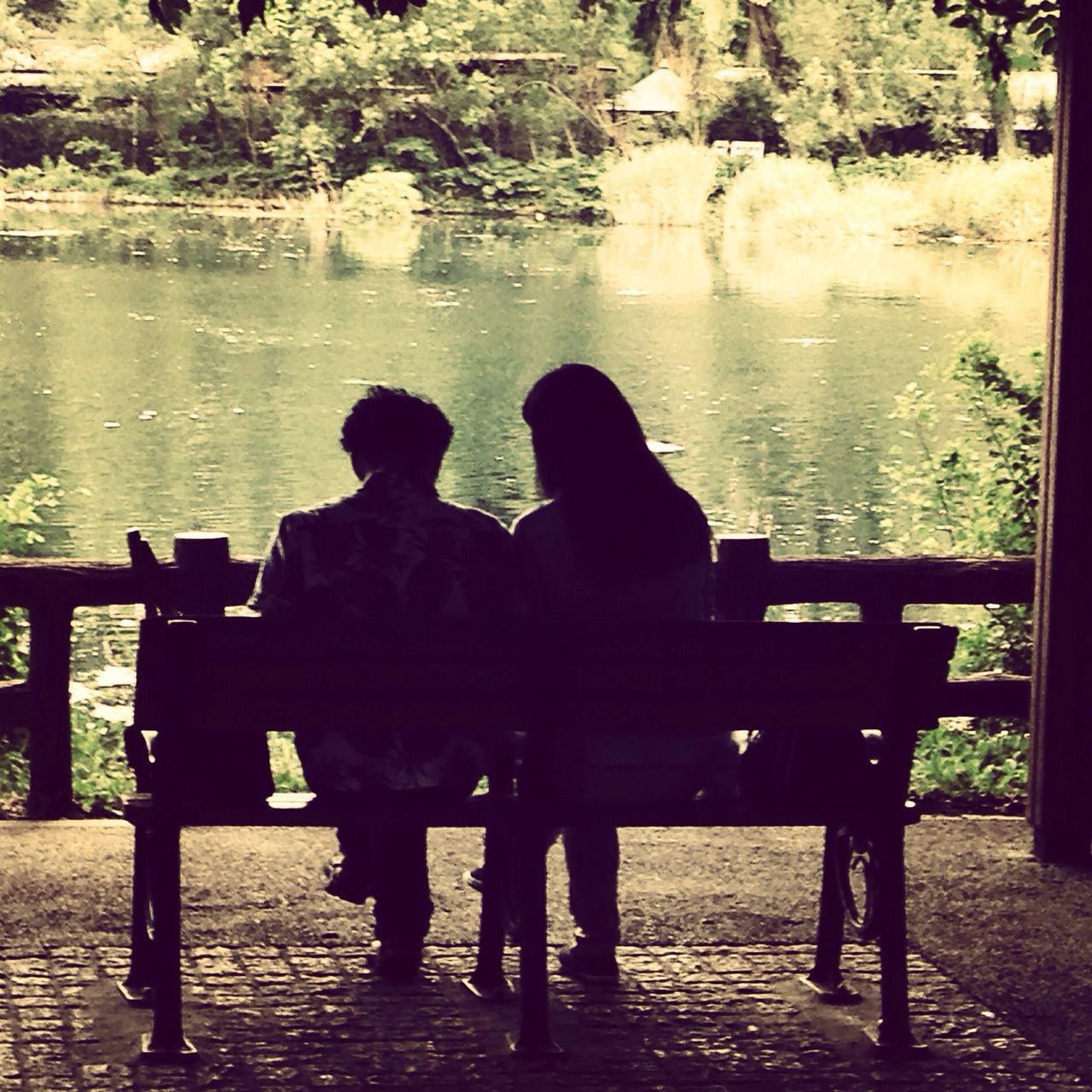 water, men, togetherness, lifestyles, person, rear view, leisure activity, silhouette, sitting, bonding, lake, full length, standing, relaxation, river, bench, sunlight