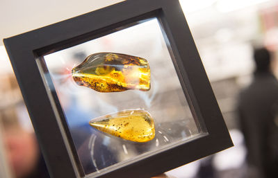 Close-up of illuminated glass window on table