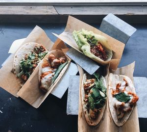 High angle view of tacos on table