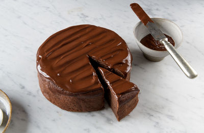 High angle view of chocolate cake on table