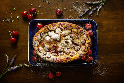 Directly above shot of cherry clafoutis served on table