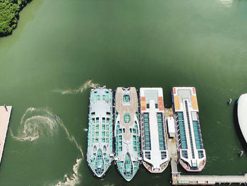 High angle view of ship moored on river