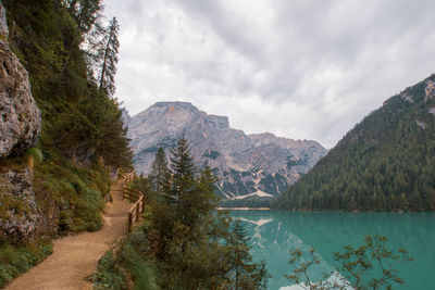 Scenic view of lake by trees against sky