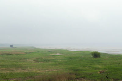 Scenic view of grassy field against cloudy sky