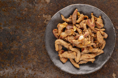 High angle view of food in plate on table