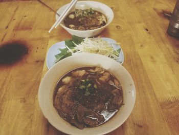 High angle view of soup in bowl