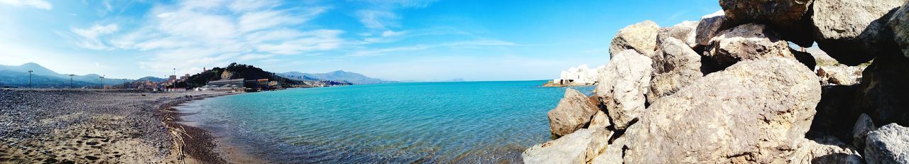 Panoramic view of sea against blue sky