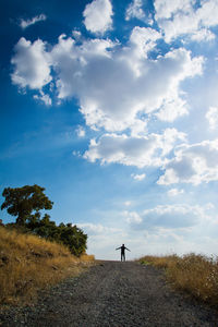 Rear view of man standing on land against sky