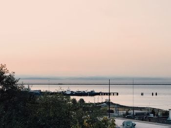 High angle view of sea against sky during sunset