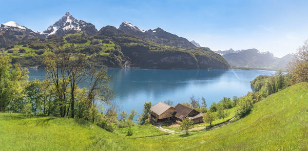 Scenic view of lake and mountains against sky