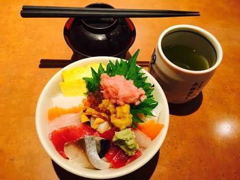 High angle view of food and drink on table