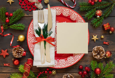 Directly above shot of christmas decorations on table