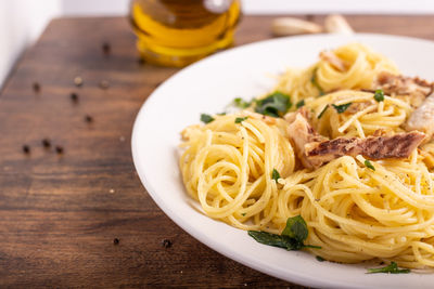 High angle view of noodles served on table