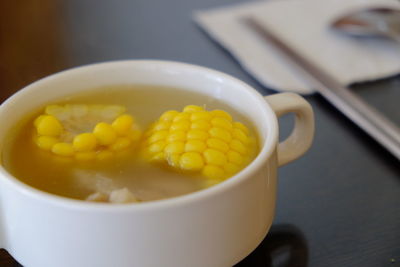 Close-up of soup in bowl on table