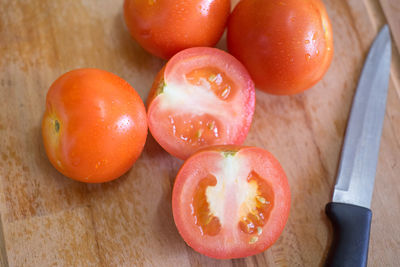 High angle view of chopped fruits on table