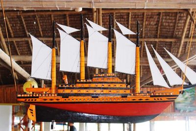 Close-up of deck chairs in boat