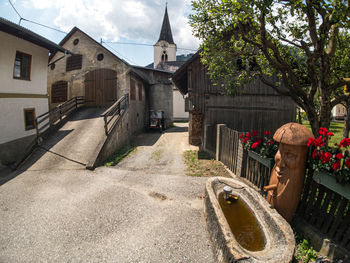 Street amidst houses and trees in city