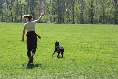 Rear view of a woman and a dog on a field 