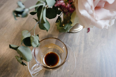 High angle view of tea cup on table