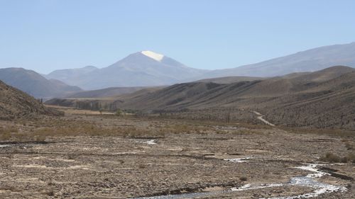 Scenic view of landscape and mountains against clear sky