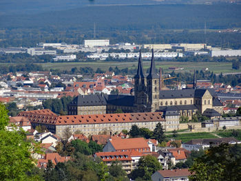 High angle view of buildings in town