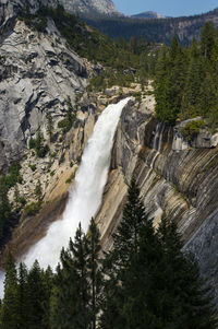 Scenic view of waterfall in forest. nevada falls. yosemite national park, california. 