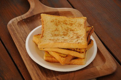 High angle view of food in plate on table