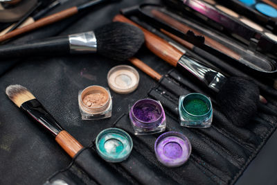 High angle view of various objects on table