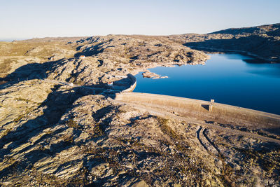 High angle view of lake against clear sky