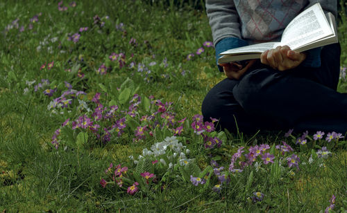 Midsection of person reading book on field