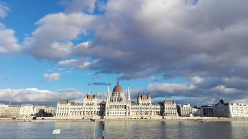 River by hungarian parliament building against sky